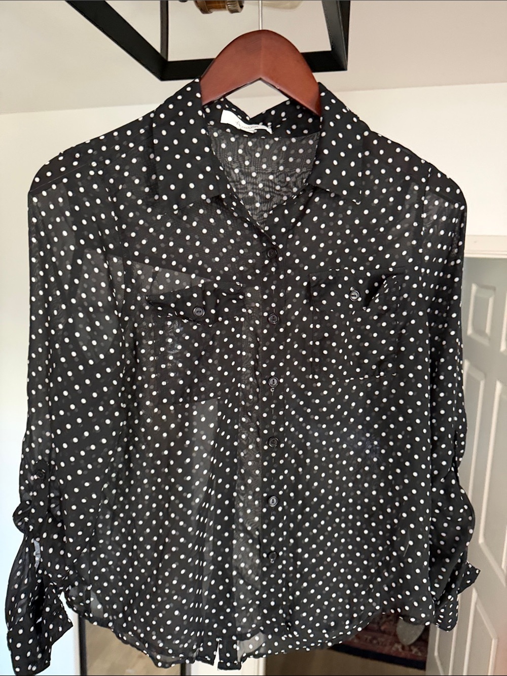 Sheer Black and White Polka Dot Button-Down Blouse